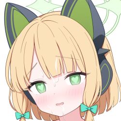 1girl animal_ear_headphones animal_ears blonde_hair blue_archive blunt_bangs blunt_ends blush bow cat_ear_headphones cat_ears cum cum_in_mouth cum_on_body cum_on_hair dot_nose facial fake_animal_ears furrowed_brow green_bow green_eyes green_halo green_pupils hair_bow halo head_tilt headphones heart heart-shaped_pupils highres jyt looking_at_viewer low-tied_sidelocks medium_hair midori_(blue_archive) open_mouth parted_bangs portrait raised_inner_eyebrows second-party_source sidelocks simple_background solo symbol-shaped_pupils white_background