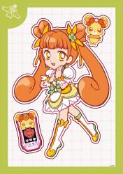 1girl blunt_bangs boots border bow bow-shaped_hair brown_hair cellphone clover_earrings cure_rosetta curly_hair deformed dokidoki!_precure dot_nose dotted_line double_bun dress eyelashes flower footwear_bow four-leaf_clover_earrings frilled_dress frilled_sleeves frills full_body green_border green_bow green_flower grid_background hair_bow hair_bun hair_flower hair_ornament hair_ribbon hand_on_own_hip happy highres knee_boots long_hair magical_girl open_mouth outline own_hands_together petticoat phone precure puffy_short_sleeves puffy_sleeves rance_(dokidoki!_precure) ribbon short_dress short_sleeves signature smartphone smile tareme twintails uwded_207 very_long_hair waist_bow walking white_background white_boots white_outline white_sleeves white_wrist_cuffs wrist_bow wrist_cuffs yellow_bow yellow_dress yellow_eyes yellow_ribbon yotsuba_alice
