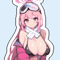 1girl acalephea bikini black_bikini blue_archive blue_background breasts commentary eimi_(blue_archive) eimi_(swimsuit)_(blue_archive) goggles goggles_on_head halo jacket jacket_partially_removed large_breasts long_hair looking_at_viewer official_alternate_costume official_alternate_hairstyle pink_eyes pink_hair pink_halo pink_jacket pixel_art ponytail scarf smile solo swimsuit white_scarf