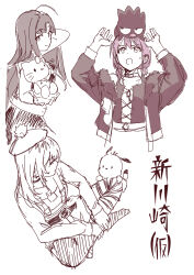 Rule 34 | 3girls, absurdres, ahoge, choker, commentary request, girls band cry, hat, hello kitty, hello kitty (character), highres, iseri nina, jacket, kawashiro nitori, long sleeves, low twintails, monochrome, multiple girls, open mouth, pants, parted bangs, sandals, sanrio, send (l i n e rock), short hair, short twintails, sweatdrop, translation request, twintails