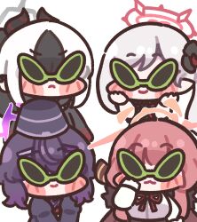 Rule 34 | 4girls, aru (blue archive), blue archive, blush stickers, bugi 33, chibi, chibi only, facing viewer, frown, glasses, halo, haruka (blue archive), highres, kayoko (blue archive), multiple girls, mutsuki (blue archive), problem solver 68 (blue archive), smile, white background