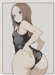 1girl adjusting_clothes adjusting_swimsuit artist_request ass breasts brown_eyes brown_hair covered_erect_nipples from_behind hands_on_own_ass huge_ass karakai_jouzu_no_takagi-san legs long_hair looking_at_viewer looking_back one-piece_swimsuit open_mouth sideboob small_breasts solo swimsuit takagi-san thick_thighs thighs tongue