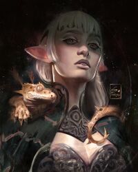 artist_name breasts cleavage colored_eyelashes commentary elf english_commentary highres lizard long_hair original painterly pointy_ears sebijy white_hair