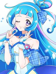 Rule 34 | 1girl, aokaze nana, armpit crease, bare shoulders, blue hair, breasts, closed mouth, cure wink, dress, headphones, highres, idol, idol clothes, idol heart brooch, kagami chihiro, kimi to idol precure, long hair, looking at viewer, medium breasts, multicolored hair, one eye closed, plaid clothes, plaid ribbon, plaid sleeves, precure, purple eyes, purple hair, ribbon, short sleeves, smile, solo, strapless, strapless dress, white background