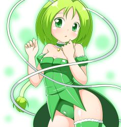 1girl a-ktoo antennae birthmark blush breasts choker detached_sleeves female_focus frilled_thigh_strap gradient_background green_background green_choker green_eyes green_hair green_leotard hair_between_eyes hair_tubes highleg leotard long_hair looking_at_viewer magical_girl medium_breasts mew_lettuce midorikawa_lettuce open_mouth puffy_detached_sleeves puffy_sleeves shirt smile solo tailcoat thigh_strap tokyo_mew_mew white_background