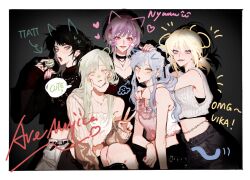 5girls :3 art_program_in_frame ave_mujica_(bang_dream!) bang_dream! bang_dream!_it&#039;s_mygo!!!!! belt black_belt black_choker black_shirt blonde_hair blue_eyes blue_hair camisole chain chain_necklace character_name choker commentary cucumber_hair_ornament dated drawn_ears drawn_tail earrings english_commentary enpera feimeixiangguji food green_hair hair_ornament hairclip hand_on_another&#039;s_chin hand_on_another&#039;s_head hand_on_another&#039;s_shoulder heart heart_hair_ornament highres jewelry long_hair long_sleeves looking_at_viewer macaron medium_hair midriff misumi_uika multiple_girls nail_polish navel necklace off_shoulder open_mouth pink_camisole pink_eyes pink_nails ponytail procreate_(medium) purple_eyes purple_hair red_sweater scarf shirt sidelocks sleeveless sweater togawa_sakiko v very_long_hair wakaba_mutsumi yahata_umiri yellow_eyes yuutenji_nyamu