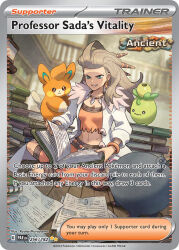 Rule 34 | 1girl, :&lt;, artist name, blurry, blurry background, book, bracelet, brown hair, brown sandals, card (medium), character name, closed mouth, company name, copyright name, copyright notice, english text, eyelashes, holding, holding book, indoors, jacket, jewelry, lab coat, lechonk, light particles, long hair, midriff, murayama ryota, navel, necklace, nintendo, official art, olive, open book, open clothes, open jacket, orange shirt, paper, pawmi, pokemon, pokemon (creature), pokemon card, pokemon sv, pokemon tcg, sada (pokemon), sandals, shirt, sitting, smile, smoliv, teeth, third-party source, trading card, wavy mouth, white jacket, wooden floor