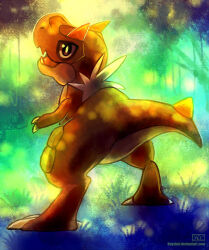 animal_focus black_eyes claws deviantart_username dinosaur gen_6_pokemon haychel looking_back nintendo no_humans open_mouth pokemon pokemon_(creature) solo standing tyrunt