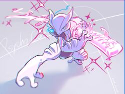 Rule 34 | 1other, artist name, blue eyes, chromatic aberration, commentary request, diffraction spikes, full body, gen 1 pokemon, grey background, holding, holding sword, holding weapon, katana, kirisaki nuko, legendary pokemon, legs apart, mega mewtwo x, mega pokemon, mewtwo, nintendo, pokemon, pokemon (creature), psycho cut (pokemon), simple background, solo, sword, twitter username, weapon