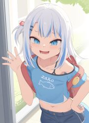 Rule 34 | 1girl, absurdres, animal print, backpack, bag, black shorts, blue eyes, blue hair, blue nails, blue shirt, commentary, crime prevention buzzer, fang, fish print, gawr gura, grey hair, hair ornament, hairclip, highres, hololive, hololive english, looking at viewer, lower teeth only, medium hair, multicolored hair, nail polish, navel, one side up, open mouth, parallel hairclips, print shirt, red bag, sharp teeth, shirt, shorts, skin fang, solo, streaked hair, teeth, tenroy, virtual youtuber, zako (phrase)