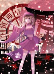 Rule 34 | 1girl, ashita (4 15oo), black gloves, blue eyes, cherry blossoms, gloves, gohei, green hair, half gloves, hatsune miku, hatsune miku (ichi no sakura oka), midriff, military uniform, oonusa, pleated skirt, purple skirt, senbonzakura (vocaloid), skirt, solo, swept bangs, thighhighs, torii, twintails, vocaloid, white thighhighs, wide sleeves