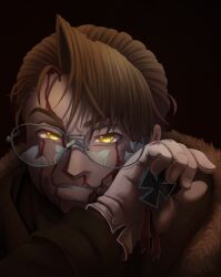 Rule 34 | 1boy, bleeding, blonde hair, blood, blood on face, broken eyewear, brown coat, coat, cross, fur-trimmed coat, fur trim, glasses, gloves, grin, hair between eyes, hellsing, highres, holding medal, iron cross, major (hellsing), majorette (artist), military, smile, solo, white gloves