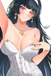 1girl absurdres armpits astra_yao black_hair breasts closed_mouth earrings hairband highres ichii_19 jewelry large_breasts long_hair looking_at_viewer necklace purple_eyes red_eyes smile solo white_hairband zenless_zone_zero