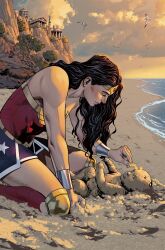 1girl architecture artist_collaboration baby beach bird black_hair boots bracer cloud crying day dc_comics greco-roman_architecture highres kneeling long_hair outdoors sampere_art sand seagull tiara tomeu_morey water wonder_woman wonder_woman_(series)