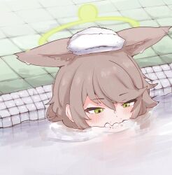 1girl animal_ears bath bathing blowing_bubbles blue_archive blush brown_hair fox_ears fox_girl green_eyes green_halo halo highres inanekochan_(artist) mouth_submerged mouth_under_water otogi_(blue_archive) partially_submerged tile_floor tiles towel towel_on_head water wet