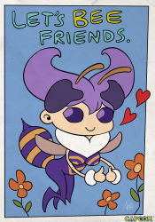 1girl antennae arthropod_girl bee_girl capcom chibi darkstalkers extra_eyes female_focus insect_girl monster_girl official_art pun purple_eyes purple_hair q-bee short_hair smile solo stanley_lau thumbs_up valentine wings