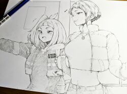 2girls art_tools_in_frame bag blush breasts closed_mouth commentary_request crop_top cropped_jacket ear_piercing earrings gasuri_govan graphite_(medium) greyscale hair_ribbon hood hood_down hoodie jewelry koharu_(yoru_no_kurage_wa_oyogenai) locked_arms long_sleeves mechanical_pencil medium_breasts medium_hair midriff monochrome multiple_girls navel necklace one_side_up open_mouth pencil piercing ribbon shopping_bag short_hair traditional_media watase_kiui yoru_no_kurage_wa_oyogenai yuri