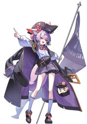 Rule 34 | 1girl, absurdres, bike shorts, blue eyes, breasts, cream11011242, flag, heterochromia, highres, holding, holding flag, long hair, orange eyes, purple hair, simple background, small breasts, socks, solo, stellive, tenko shibuki, thighs, virtual youtuber, white background, white socks