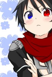 Rule 34 | 1boy, assassin cross (ragnarok online), black hair, black shirt, blue background, blue eyes, blush, can&#039;t be this cute, closed mouth, commentary request, derivative work, floral background, frown, heterochromia, looking at viewer, male focus, meiko (nattu303), ore no imouto ga konna ni kawaii wake ga nai, ragnarok online, red eyes, red scarf, scarf, shirt, short hair, solo, upper body, v-shaped eyebrows