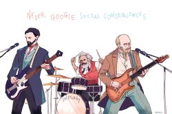 3boys band_(music) black_hair character_request drum drum_set drumming drumsticks emile_durkheim english_text facial_hair guitar holding holding_drumsticks instrument karl_marx m0n7e_carl0 male_focus mature_male max_weber monocle multiple_boys music playing_bass_guitar playing_guitar playing_instrument real_life science white_background