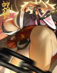 Rule 34 | 1girl, aurahack, baiken, black kimono, breasts, chain, facial tattoo, from below, guilty gear, highres, japanese clothes, kimono, large breasts, long hair, looking at viewer, obi, obijime, one-eyed, open clothes, open kimono, open mouth, ponytail, red eyes, sash, scar, scar across eye, scar on face, solo, tattoo
