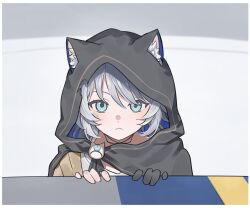 1girl animal_ears animal_hood black_gloves black_hood blue_eyes cat_ears cat_girl cat_hood cipher_(honkai:_star_rail) closed_mouth commentary_request gloves grey_hair highres honkai:_star_rail honkai_(series) hood looking_at_viewer short_hair single_glove solo younomiti