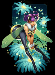 1girl antennae arthropod_girl bee_girl breasts capcom cover cover_page darkstalkers emily_warren female_focus insect_girl knee_pads large_breasts monster_girl no_pupils pantyhose purple_hair q-bee short_hair solid_eyes solo udon_entertainment v_arms wings