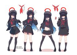1girl bad_link beret black_choker black_footwear black_gloves black_hair black_headwear black_sailor_collar black_serafuku black_shirt black_skirt black_socks black_thighhighs blue_archive blue_hair choker colored_inner_hair commentary_request cropped_shirt full_body gloves gyaru_v hair_over_eyes halo hand_on_own_hip hat itinana justice_task_force_member_(blue_archive) long_hair midriff multicolored_hair multiple_views navel neckerchief panty_straps pleated_skirt red_halo red_neckerchief sailor_collar school_uniform serafuku shirt simple_background skirt socks standing thighhighs v white_background