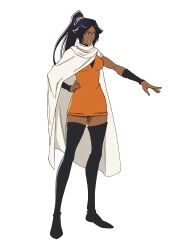 Rule 34 | 1girl, absurdres, black background, black thighhighs, bleach, bleach: sennen kessen-hen, boots, breasts, cape, dark-skinned female, dark skin, dress, full body, hand on own hip, highres, long hair, looking at viewer, medium breasts, official alternate costume, official art, orange dress, ponytail, purple hair, shihouin yoruichi, short dress, simple background, smile, solo, source request, standing, thigh boots, thighhighs, yellow eyes, zettai ryouiki