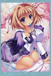 Rule 34 | 1girl, absurdres, bed, blush, breasts, brown hair, curtains, female focus, hair intakes, highres, ichinose mio (koi ga saku koro sakura doki), koi ga saku koro sakura doki, large breasts, long hair, long sleeves, mouth hold, ninoko, purple eyes, school uniform, short hair, socks, solo, white socks, window