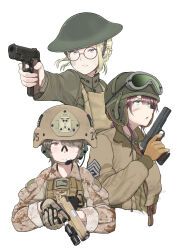 3girls aiming artist_name blonde_hair braid brodie_helmet brown_gloves brown_hair brown_hat brown_jacket camouflage camouflage_jacket combat_helmet commentary cropped_torso finger_on_trigger flashlight glasses gloves goggles goggles_on_headwear green_eyes green_hat green_shirt gun hair_over_one_eye handgun hat headset helmet highres jacket load_bearing_vest long_sleeves looking_at_viewer m1911 m45_meusoc military_combat_uniform military_rank_insignia military_uniform multiple_girls orange_eyes original parted_lips patch pink_eyes round_eyewear safety_glasses savankov shirt short_hair signature simple_background soot symbol-only_commentary tank_helmet tanker_jacket trigger_discipline united_states_army united_states_marine_corps weapon white_background world_war_i world_war_ii
