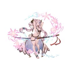 1girl arms_behind_head arms_up between_breasts between_legs bikini blue_eyes breasts conch draph earrings fish front-tie_bikini_top front-tie_top full_body granblue_fantasy hair_between_eyes hair_ornament hair_over_one_eye hands_in_hair horns jewelry katana large_breasts long_hair low-tied_long_hair mouth_hold nagamaki narmaya_(granblue_fantasy) narmaya_(summer)_(granblue_fantasy) official_alternate_costume official_art pointy_ears polearm purple_hair sandals seahorse shell showgirl_skirt side-tie_bikini_bottom skindentation solo starfish swimsuit sword thigh_strap transparent_background walking weapon white_bikini