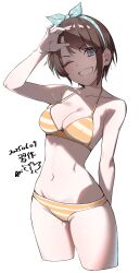 1girl absurdres arms_behind_back asymmetrical_bangs bare_shoulders bikini blue_eyes blush bow_hairband breasts brown_hair cleavage collarbone covering_head cropped_legs dated hairband hand_up highres hololive inuinuo_gataken looking_at_viewer medium_breasts navel official_alternate_costume one_eye_closed oozora_subaru oozora_subaru_(hololive_summer_2019) shade short_hair signature simple_background smile solo standing stomach strap_gap striped_bikini striped_clothes swimsuit teeth thighs virtual_youtuber white_background white_bikini yellow_bikini
