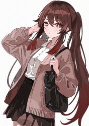 1girl alternate_costume bag black_skirt brown_cardigan brown_hair cardigan chamal_z cowboy_shot dress_shirt genshin_impact gradient_hair hu_tao_(genshin_impact) long_sleeves looking_at_viewer miniskirt multicolored_hair open_cardigan open_clothes parted_lips pleated_skirt red_eyes red_hair school_bag shirt simple_background skirt solo standing symbol-shaped_pupils white_background white_shirt