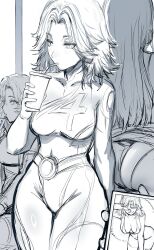 absurdres animification ass bikini blush bodysuit breasts fantastic_four hews highres large_breasts leotard long_hair luna_snow marvel marvel_rivals monochrome photo_(object) psylocke psylocke_(vengeance) smile sue_storm superhero_costume swimsuit x-men