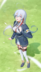 1girl 86_-eightysix- :d absurdres ahoge belt blue_eyes breasts day dress falling_petals floating_hair from_above full_body gani1127 grass grey_hair hair_between_eyes hand_up highres long_hair looking_at_viewer medium_breasts military_uniform multicolored_hair o-ring o-ring_belt open_mouth outdoors petals red_hair shoes smile solo streaked_hair thighhighs very_long_hair vladilena_millize white_thighhighs zettai_ryouiki