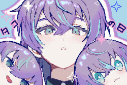 Rule 34 | 1boy, :d, blue background, blue hair, close-up, commentary request, frown, green eyes, hoshirube sho, looking at another, male focus, multicolored hair, multiple views, nagikiho, nijisanji, open mouth, outline, photobomb, pixelated, purple hair, simple background, smile, sparkle, streaked hair, translation request, upper body, virtual youtuber