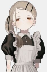 1girl :&lt; apron black_dress blonde_hair buttons closed_mouth collared_dress colored_eyelashes dress expressionless frilled_apron frills gakuen_idolmaster grey_background hair_ornament hairclip highres idolmaster kakuzatou_(sugar_xouox) long_hair low_ponytail maid maid_apron orange_eyes parallel_hairclips ponytail puffy_short_sleeves puffy_sleeves shinosawa_hiro short_sleeves side_ponytail simple_background single_sidelock solo upper_body white_apron