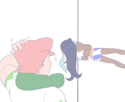 1boy 1girl ? blue_hair dark-skinned_female dark_skin freckles looking_at_another milo_(pokemon) nessa_(pokemon) nintendo peeking_out pink_hair pokemon pokemon:_twilight_wings pokemon_swsh scratching_head shirt shorts simple_background vergolophus white_background white_shirt