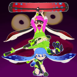 3girls agent_3_(splatoon) aiming alternate_costume alternate_hair_color arm_support baseball_cap beanie bike_shorts blue_eyes blue_hair brown_eyes callie_(hero_suit)_(splatoon) callie_(splatoon) con_(my0312) fang fangs green_hair hat holding hood hoodie ink_tank_(splatoon) inkling inkling_girl inkling_player_character jacket jumping long_hair long_sleeves looking_at_viewer marie_(hero_suit)_(splatoon) marie_(splatoon) mole mole_under_eye multiple_girls nintendo octarian_(enemy) one_eye_closed open_mouth paint_roller pointy_ears shoes sleeves_rolled_up smile sneakers splatoon_(series) splatoon_1 squatting squidbeak_splatoon star_(symbol) super_soaker tentacle_hair vest