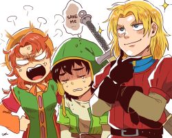 1girl anime_coloring blue_eyes blush breasts curly_hair dragon_quest dragon_quest_vii dress hat hero_(dq7) hood kiefer long_hair maribel_(dq7) medium_breasts multiple_boys open_mouth red_hair sei_(seiryuuden) smile