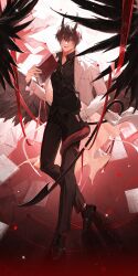 1boy absurdres black_necktie black_shirt black_wings book coat collared_shirt demon_horns dress_shoes fangs feathered_wings full_body gradient_background grin hand_in_pocket highres holding holding_book horns kim_dokja looking_at_viewer male_focus necktie official_alternate_costume omniscient_reader&#039;s_viewpoint red_eyes red_ribbon ribbon shirt smile solo summoning tack_ka_2_0 too_many_papers white_coat white_ribbon wings