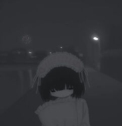 1girl black_eyes black_hair closed_mouth fireworks fog frilled_hairband frilled_pillow frills hairband highres holding holding_pillow lamppost looking_at_viewer night original outdoors pillow solo upper_body utututuna