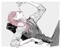 Rule 34 | 1boy, black necktie, collared shirt, earrings, green eyes, gun, hair between eyes, handgun, holding, holding gun, holding weapon, jewelry, leaning back, long hair, long sleeves, looking up, lying, male focus, necktie, on back, panties, pants, pink hair, qyzhiaiyisheng, sanzu haruchiyo, shirt, simple background, solo, striped clothes, striped panties, striped vest, tokyo revengers, tongue, tongue out, underwear, vest, weapon, white shirt