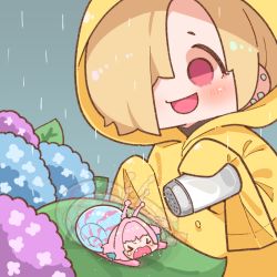 &gt;_&lt; 2girls :d animal_abuse animalization antennae blonde_hair blue_hair blush crying earrings fang flower hair_over_eyes hood hydrangea idolmaster idolmaster_cinderella_girls jewelry leaf long_sleeves multiple_girls open_mouth pink_hair rain raincoat salt salt_shaker shirasaka_koume short_hair sleeves_past_wrists smile snail snail_girl takato_kurosuke yellow_raincoat yumemi_riamu