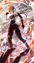 1girl absurdres anus black_gloves black_pants blonde_hair breasts bupa_chila elbow_gloves evelyn_chevalier fire full_body gloves high-waist_pants highres jewelry large_breasts latex_pants long_ribbon necktie pants purple_eyes shirt short_hair single_elbow_glove solo white_shirt zenless_zone_zero