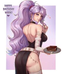 1girl :t ass backless_dress backless_outfit bare_back bare_shoulders black_dress breasts cake commentary dress evomanaphy fire_emblem fire_emblem:_genealogy_of_the_holy_war food fork happy_birthday heart highres holding holding_fork holding_plate ishtar_(fire_emblem) large_breasts long_hair looking_at_viewer nintendo plate ponytail purple_eyes purple_hair solo standing very_long_hair
