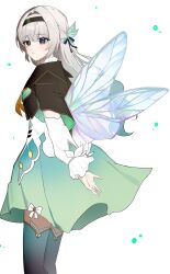Rule 34 | 13 (jjusan13), 1girl, absurdres, aqua eyes, aqua thighhighs, blue ribbon, brown hairband, brown jacket, collared dress, cropped jacket, dress, firefly (honkai: star rail), gradient hair, green pupils, grey hair, hair between eyes, hair intakes, hair ornament, hair ribbon, hairband, highres, honkai: star rail, honkai (series), insect wings, jacket, long hair, multicolored eyes, multicolored hair, neckerchief, orange neckerchief, ribbon, ribbon-trimmed dress, ribbon trim, simple background, solo, thighhighs, white background, wings