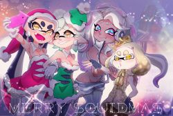 4girls adapted_costume alternate_costume aqua_eyes black_gloves black_pantyhose blunt_bangs blurry blurry_background breasts brown_eyes brown_pantyhose building callie_(santa_costume)_(splatoon) callie_(splatoon) cellphone cephalopod_eyes chichi_band cleavage collar commentary cousins crop_top crown dark-skinned_female dark_skin depth_of_field detached_collar dress dutch_angle fangs fingerless_gloves fur-trimmed_dress fur_trim gloves grabbing_another&#039;s_arm gradient_hair green_dress green_hair green_hat green_santa_costume grey_hair groin hand_on_own_hip hat headphones holding holding_phone inkling locked_arms long_hair looking_at_another makeup marie_(santa_costume)_(splatoon) marie_(splatoon) marina_(frostyfest)_(splatoon) marina_(splatoon) mascara mask medium_breasts medium_hair merry_christmas mole mole_under_eye mole_under_mouth multicolored_hair multiple_girls navel night night_sky nintendo octoling open_mouth outdoors pantyhose pearl_(frostyfest)_(splatoon) pearl_(splatoon) phone pink_pupils puckered_lips pun purple_hair red_dress red_hat santa_costume santa_hat see-through_clothes selfie sharp_teeth short_dress short_hair side-by-side sky sleeveless sleeveless_jacket smartphone smile sparkle splatoon_(series) splatoon_2 standing star-shaped_pupils star_(symbol) suction_cups symbol-shaped_pupils tagme teeth tentacle_hair tilted_headwear very_long_hair white_collar white_gloves white_pantyhose yellow_dress yellow_eyes zipper_pull_tab