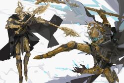 2boys absurdres armor axe battle_axe black_cape blonde_hair cape death_knight_(elden_ring) dual_wielding elden_ring elden_ring:_shadow_of_the_erdtree full_armor gauntlets gold_armor greaves grey_hair helm helmet highres holding holding_axe holding_weapon knight long_hair mask multiple_boys multiple_views nslacka pauldrons plume shoulder_armor skull_mask weapon